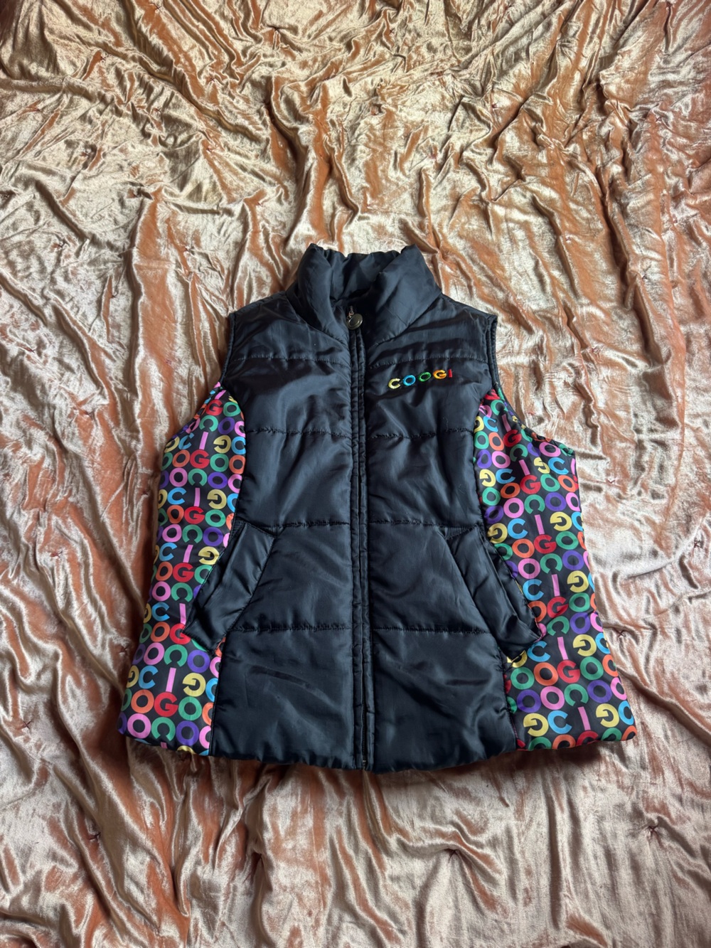 COOGI Black Puffer Vest with Multicolor Logo Panels